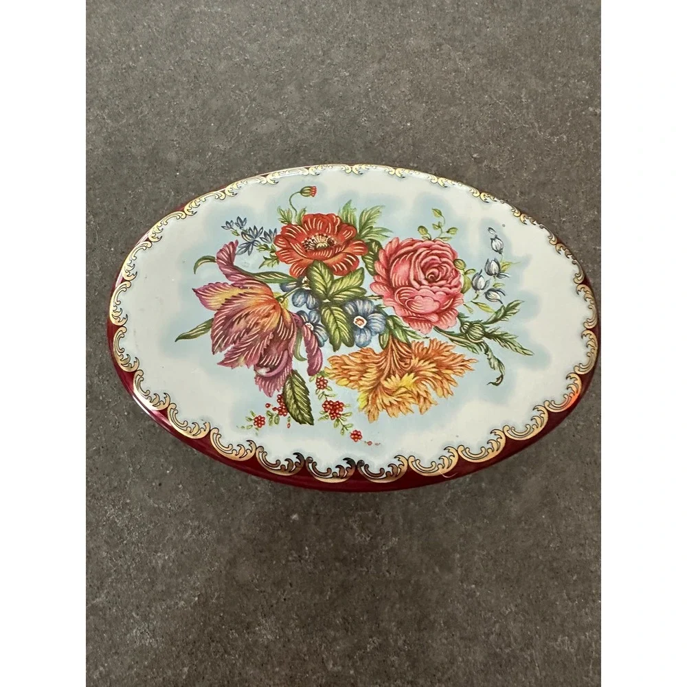 Vintage Daher Floral Tin Oval Container Made in England Burgundy Gold 6in EUC